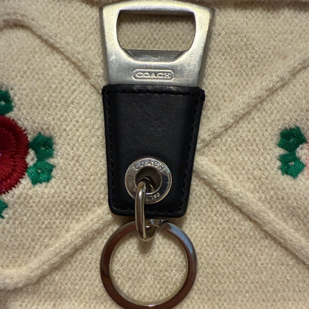 Coach Black Leather Keychain with Silver Ring